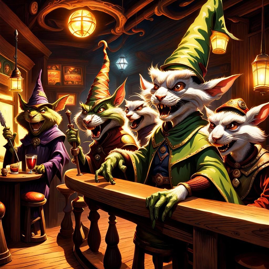 goblins, elves and ground squirrels,  in karaoke bar,  grote...