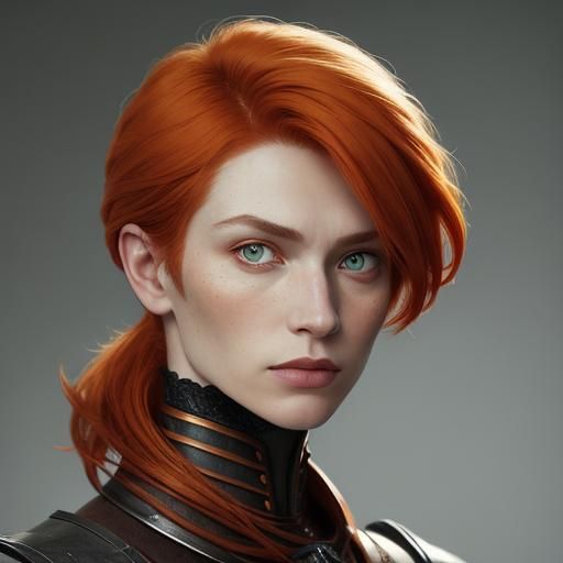 female nephilim. orange hair and victorian haircut. green ey...
