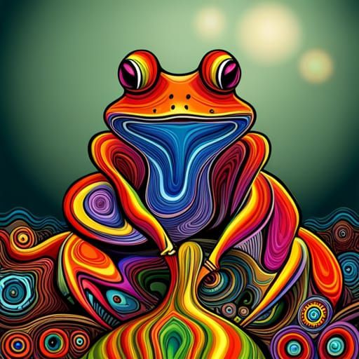 colourful frog on a drug trip, drug addicted frog, big pupil, frog ...