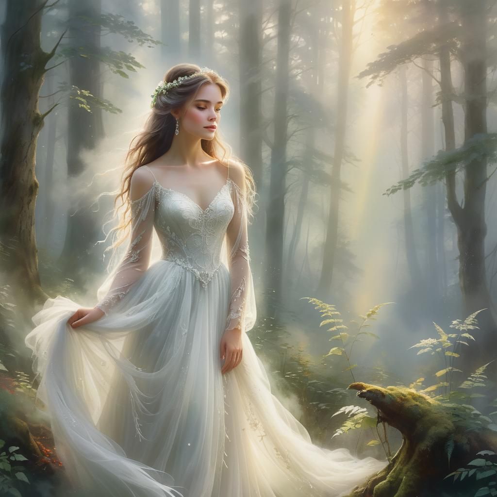 Ethereal Woman in Misty Forest Watercolor