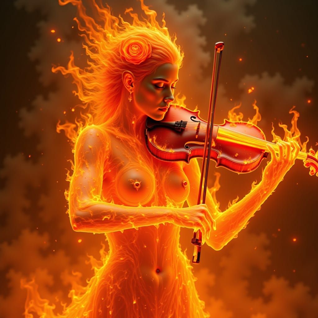 a violinist full made  of fire with a rose of fire on a fire atmosphere <lora:The Fire of Red:1.0>