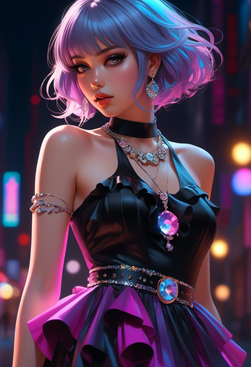 <lora:FashionAnime:1.0> An image of a pastel goth-themed dress. amidst bright neon lights. The dress is a flowing ruffle dress with a gem-en...