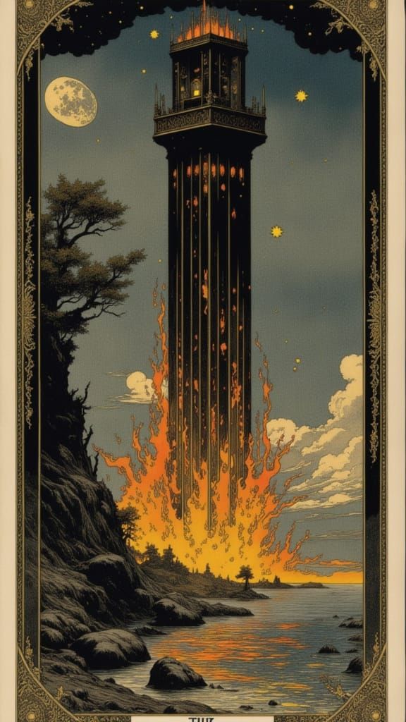 "The Tower" tarot card, beautiful, foreboding, a tower engulfed in flames, ornate borders, tarot card by Dürer <lora:Tarot by Durer:1.0>
