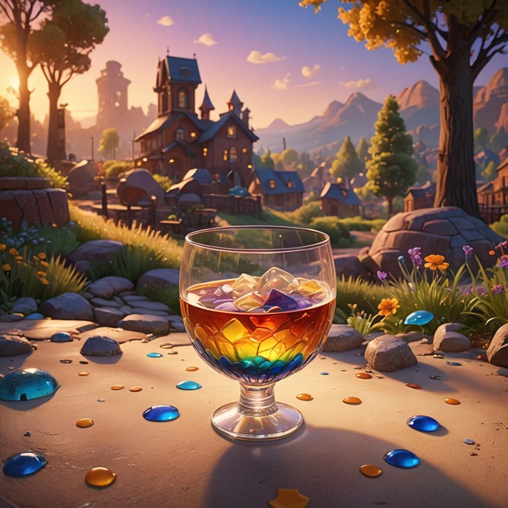 Glass Cup in Vibrant Landscape: Pixar-Style Art