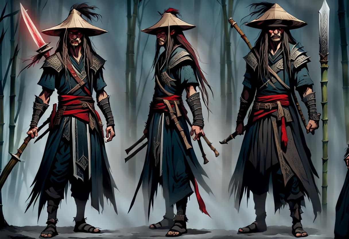 A tall and slender warrior with a gaunt face full of secrets. His long hair is untamed, often covered by a worn bamboo hat. He wears a faded...