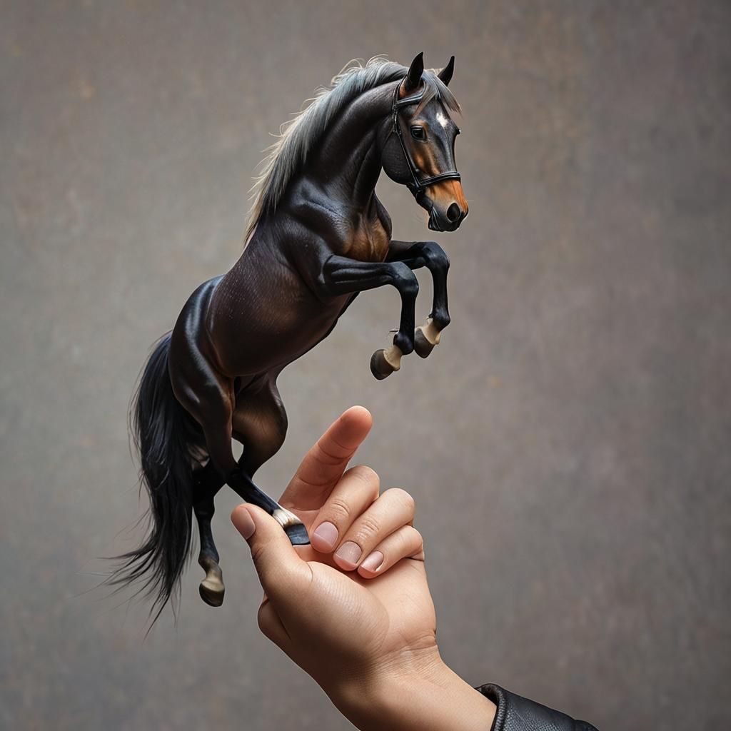 A tiny horse standing on a human thumb