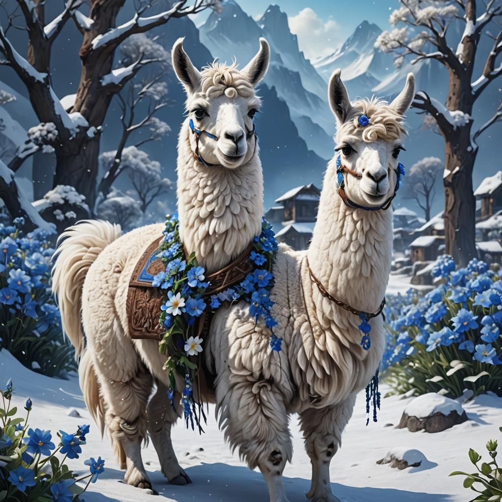 White llama in snow with blue flowers around her