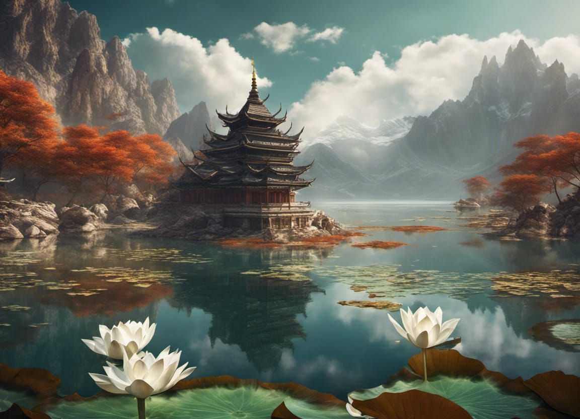stunning landscape: amazing white lotus lake, crystal clear water, beautiful sunlight, temple afar, mountain, fall, perf...