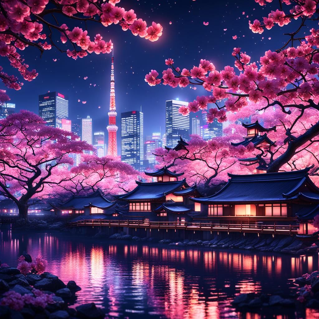 Tokyo Skyline at Night with Cherry Blossoms
