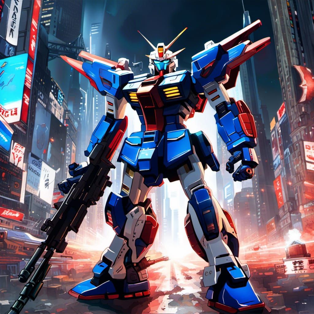 Gundam Mecha holding sniper rifle defending the other city