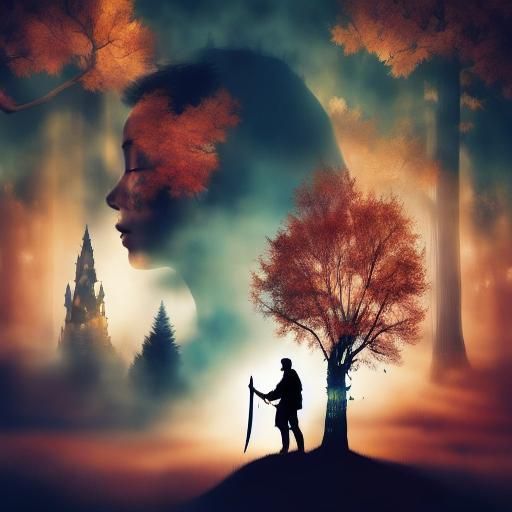 A man and maple tree, The silhouette double exposure art, ye...