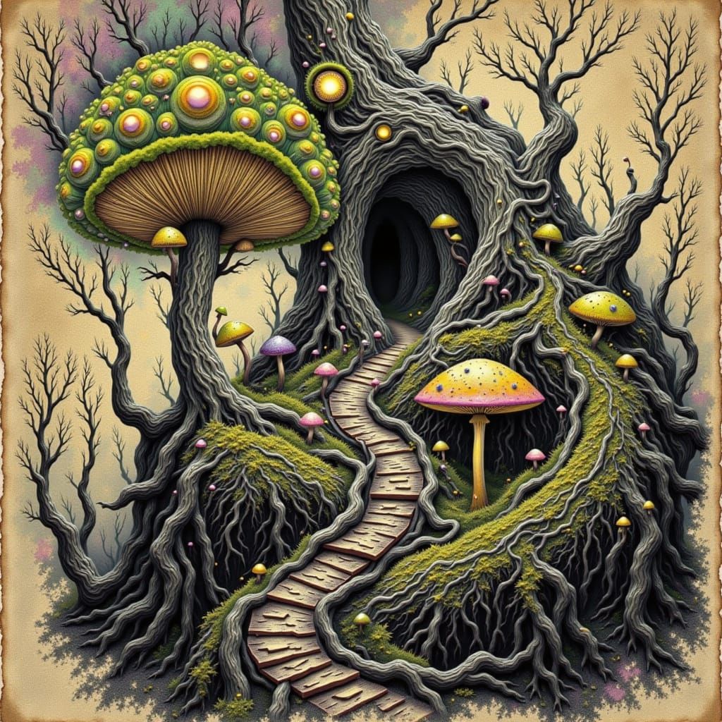 Alice in Wonderland Twilight Forest with Glowing Grin