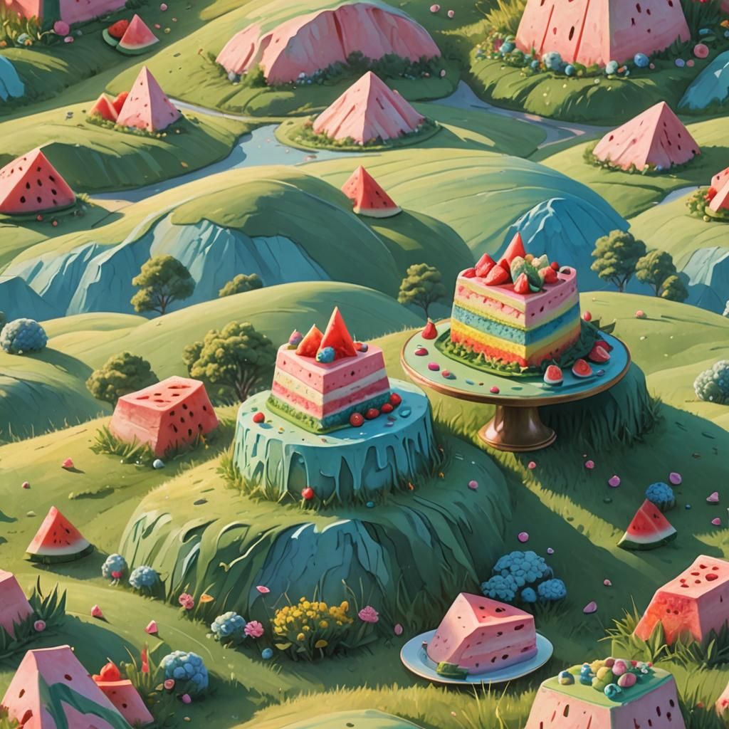 Pastel Wonderland Cake Amidst Lush Greenery in Whimsical Sty...