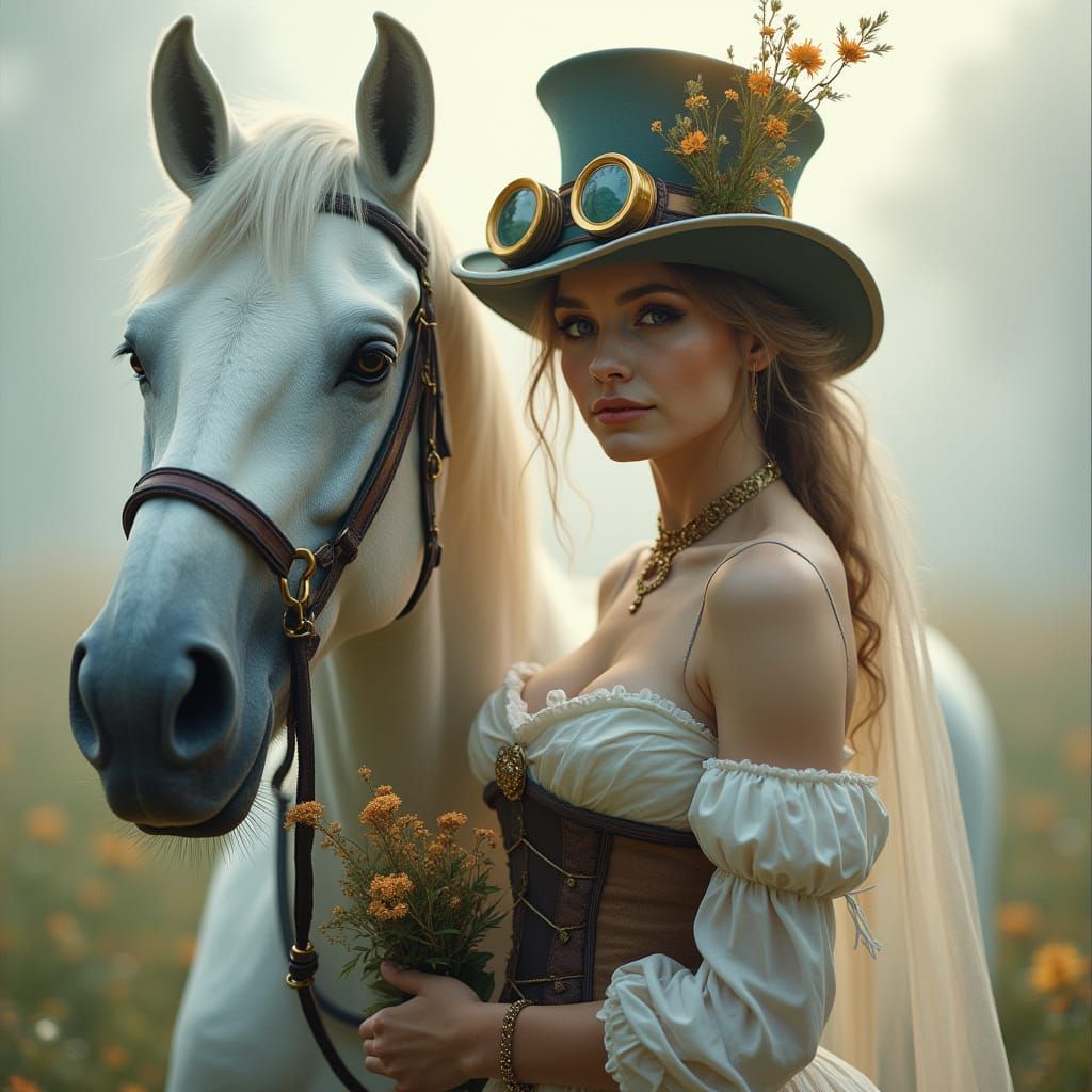 Steampunk Woman with Horse: Ethereal Fantasy Art