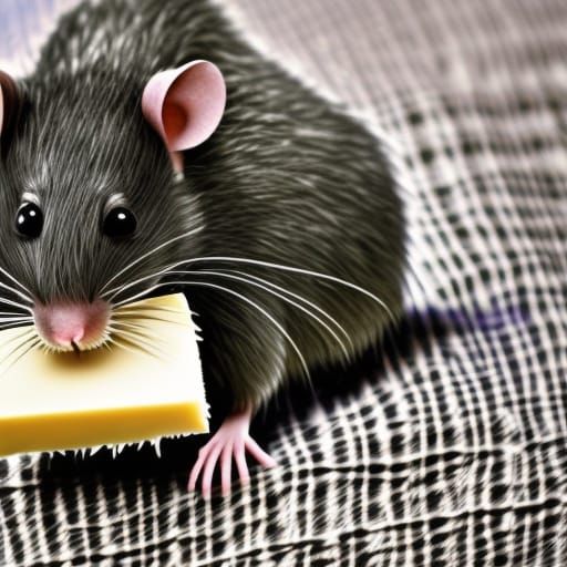 Beautiful rat with shiny white fur eating a piece of cheese Pixar