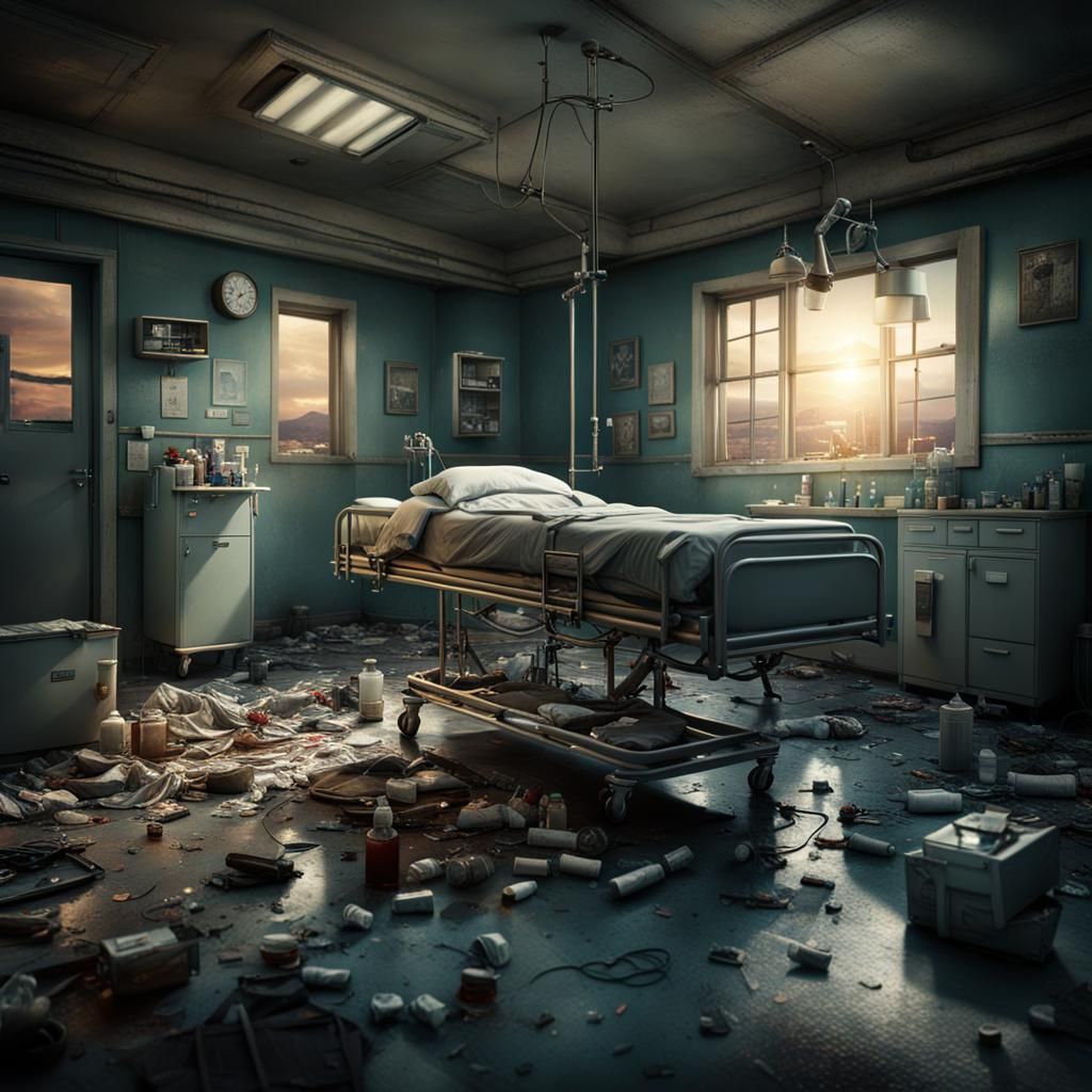 Empty ER after a trauma. IV pole. Debris on floor. Gloves on the floor. Medicine bottles on the floor. ...  by @Melissa Fischer
