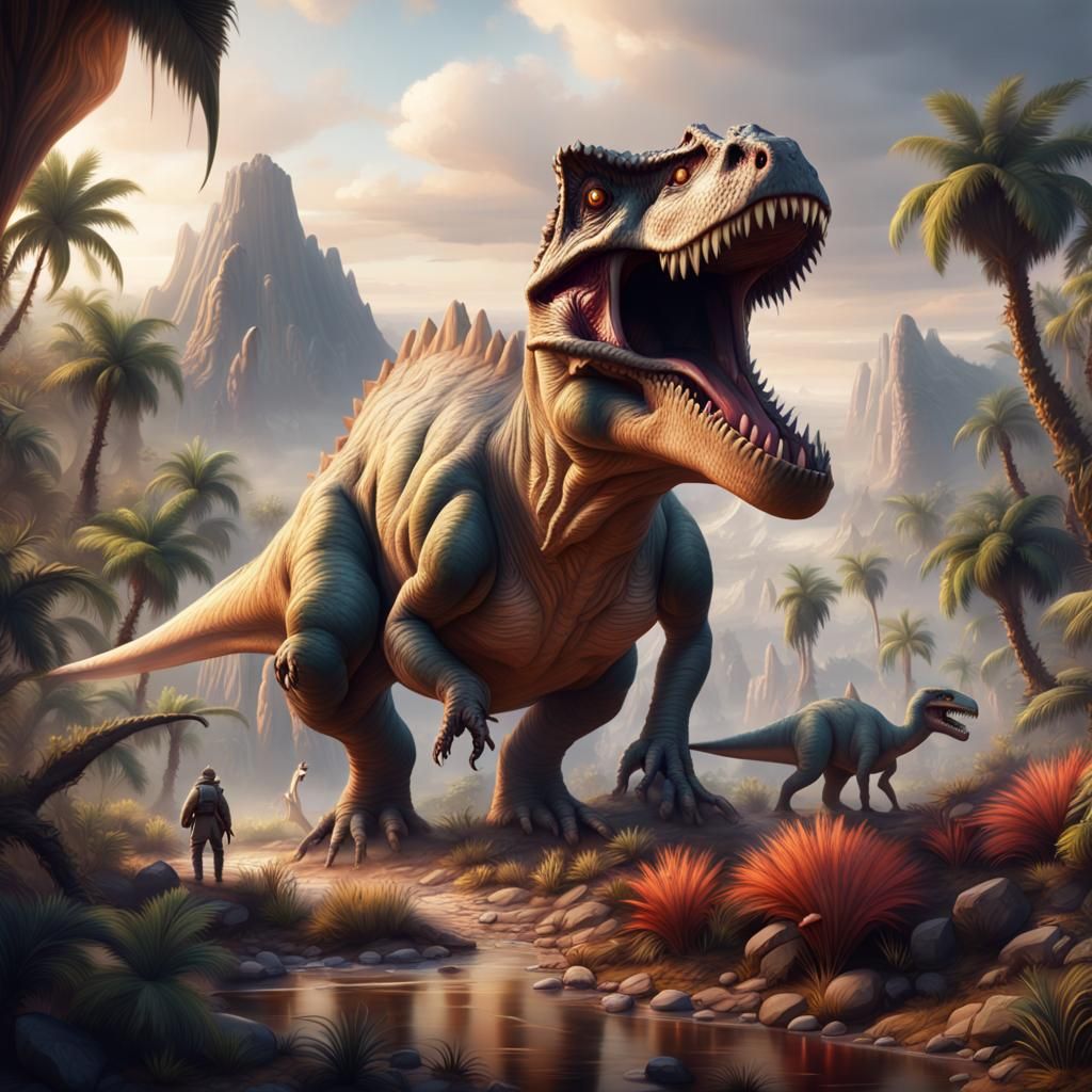Dinosaur looking for food in a prehistoric landscape/ detailed matte painting, deep color, fantastical, ...  by @curiouscat 