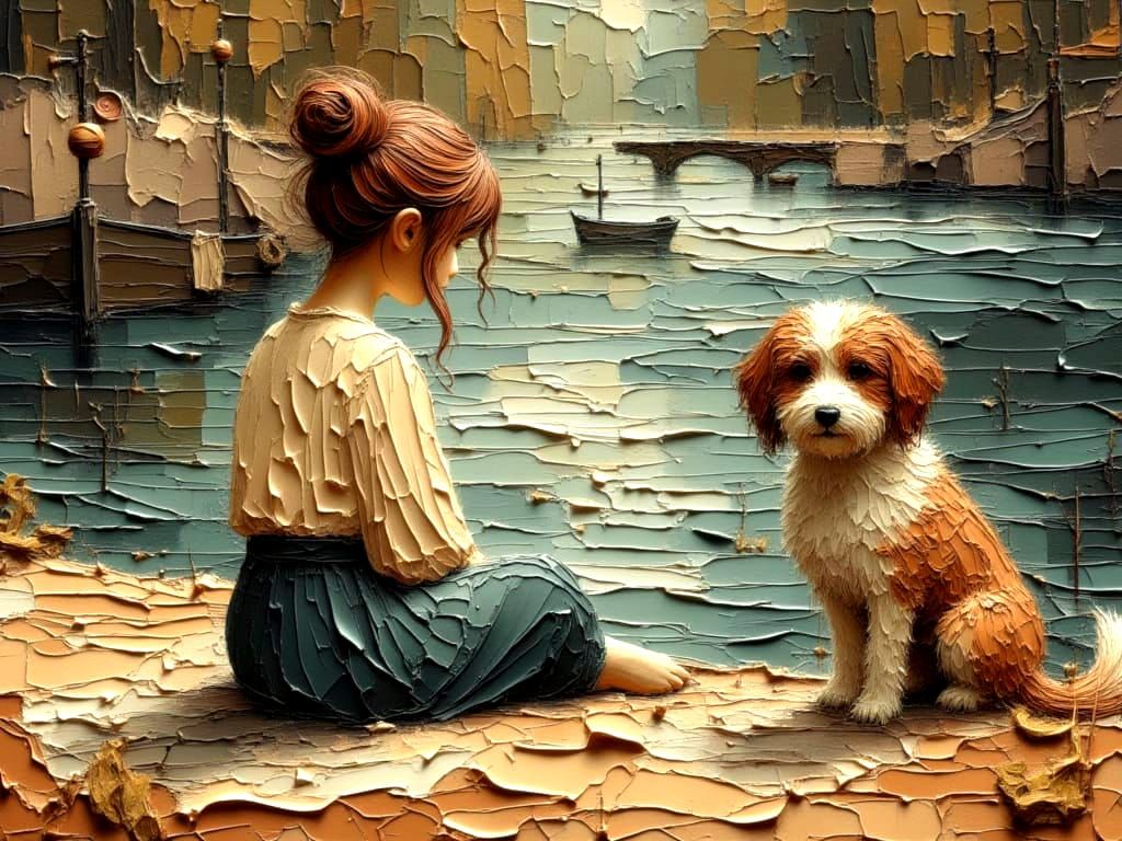 <lora:Moonchild:1.0>Next to her, a curly haired dog sat on its haunches, paws out and tongue dangling. Its big brown eye...