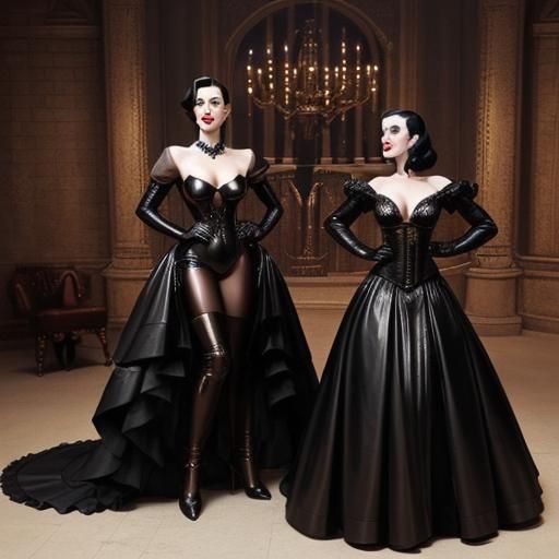 Robyn Dominique and Dita von Tease in black leather gowns