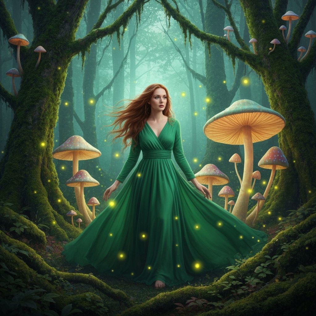 Mystical Woman in Forest with Glowing Mushrooms