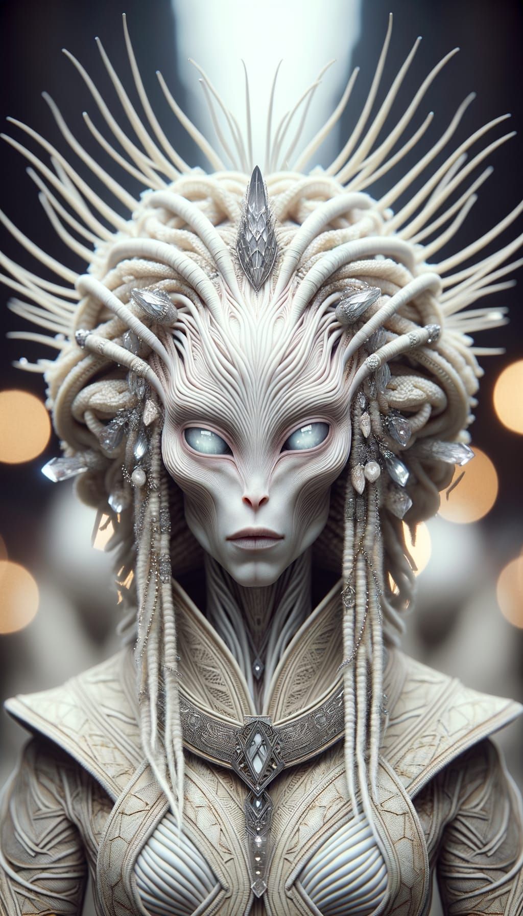 Photograph of an ashen-white alien warrior, highly detailed face with an ornate sculptural hairstyle ...  by @morr5750