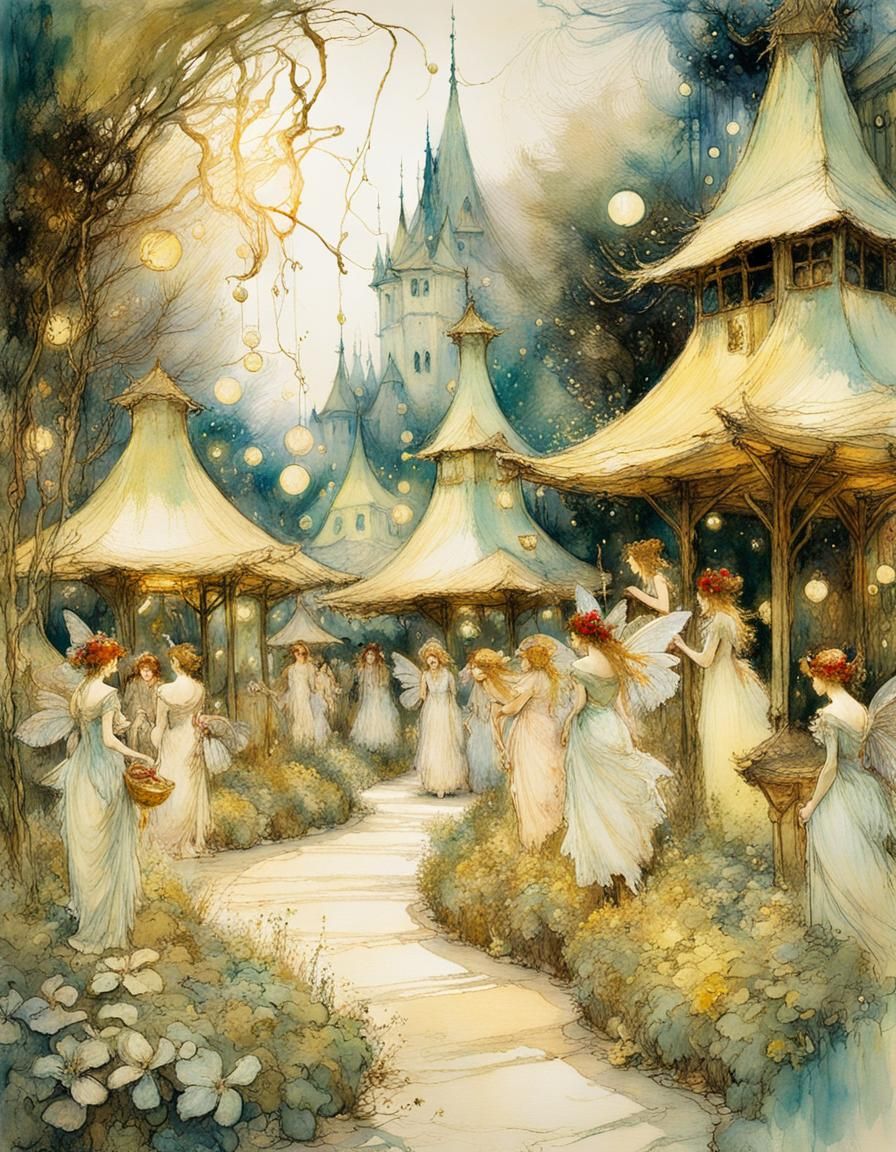 Fairies party festive celebration village, by Arthur Rackham...