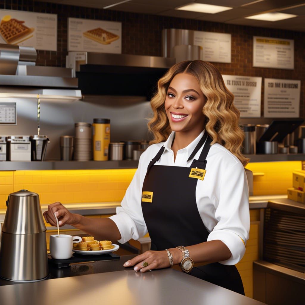 Beyonce working at Waffle House , detailed , photorealistic , Waffle House , serving breakfast , coffee ,dramatic lighting - AI Generated Artwork - NightCafe Creator