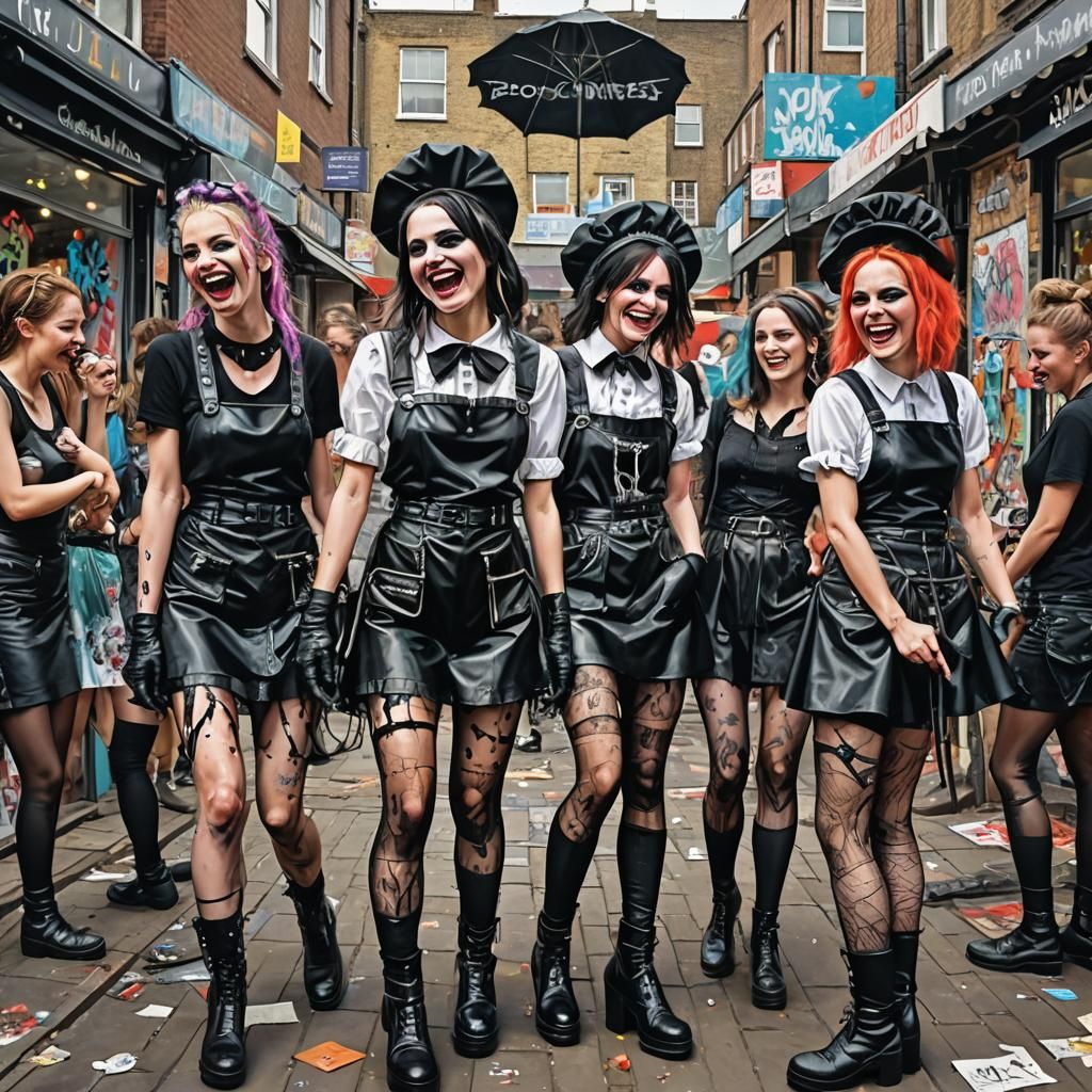 A circle of Gothic punkettes dressed in black leather, black leather shorts, fishnet tights and black leather knee boots...