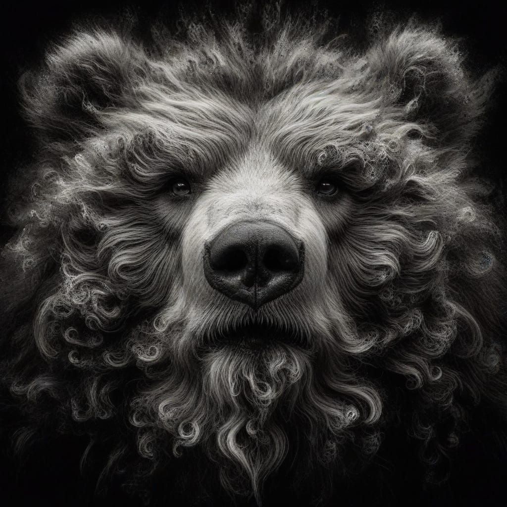 Microphotograph portrait: Obese Kodiak Bear; Gothic aura gazes directly at the viewer with a look of defiance and trauma; dark atmosphere ch...