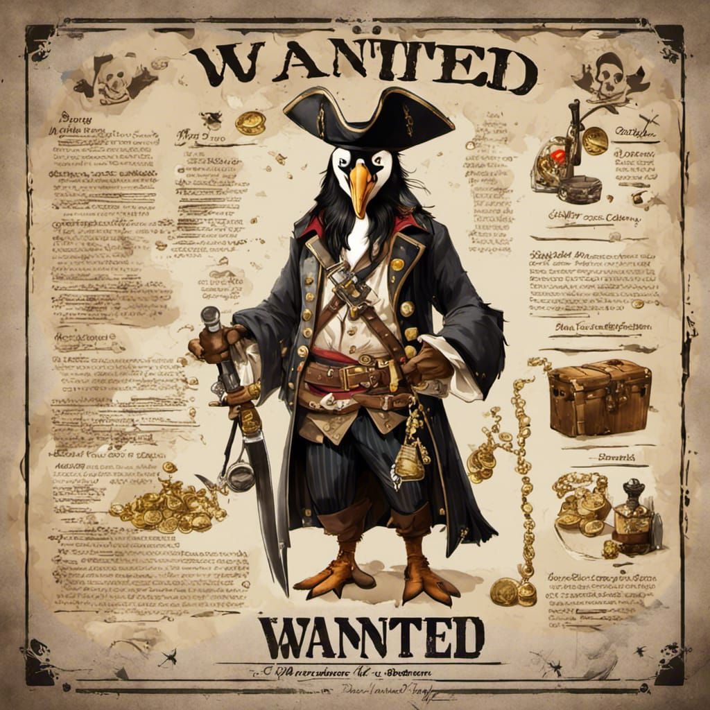An old "WANTED" poster of "A Penguin pirate dressed as a pirate like Captain Jack Sparrow and pirates of the Caribbean. Hidden in a secret c...