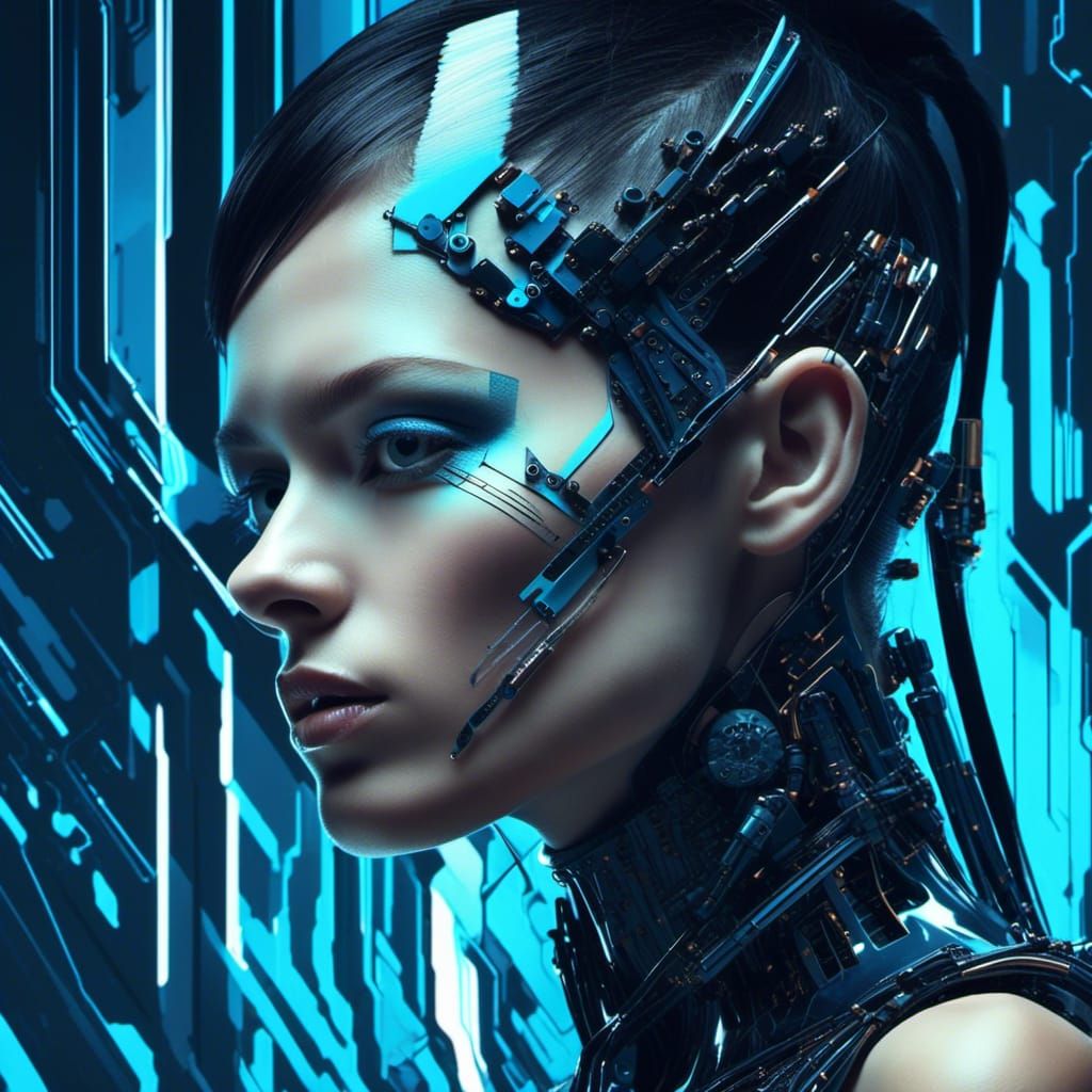 glitches hacking effects emil hajjaj creates surreal digital art with a single cyborg shoulder, in the style of dark black and blues, androg...