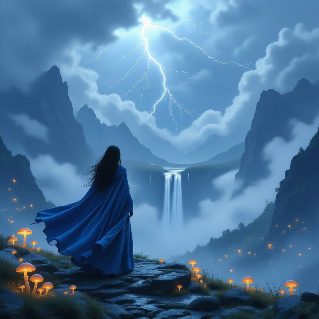 photorealistic scenery with a meadow and a tall waterfall with mountains in the background and dark storm clouds that block out the sun, lig...