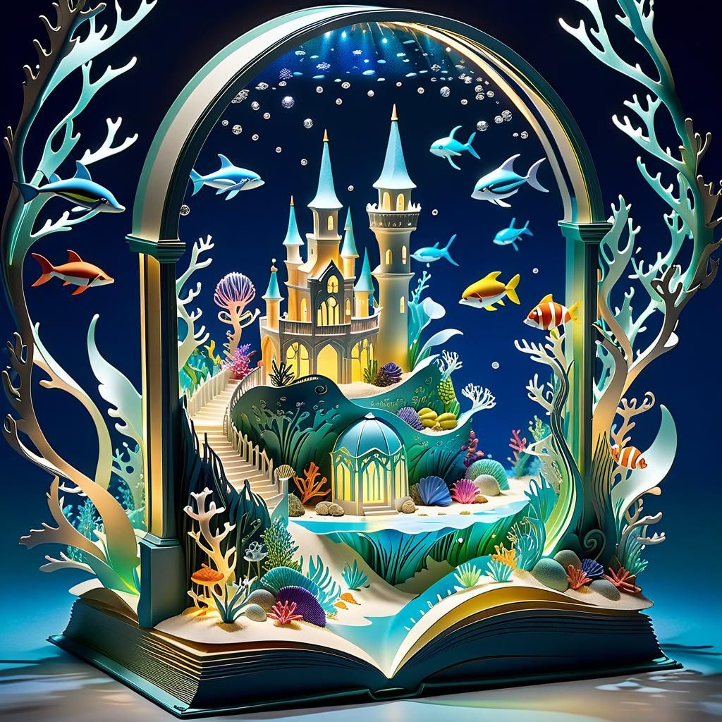 An open pop-up book rests under the enchanted sea.   by @BethM-L