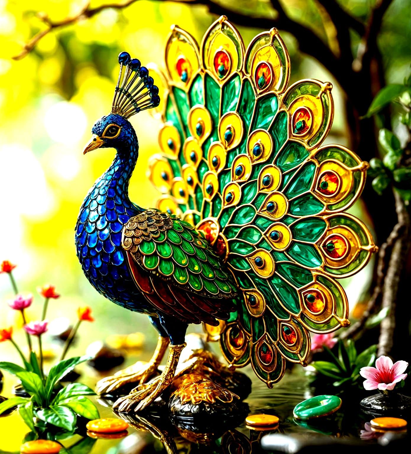 Brilliant Peacock in Stained Glass Enamel Style
