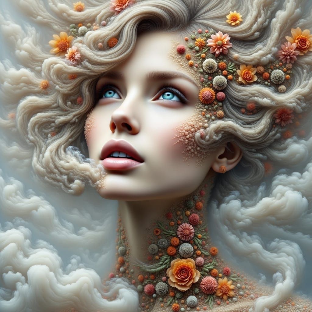 <lora:WonderPortrait:1.0>Gorgeous woman's face with mixed media smoke and flowers. 