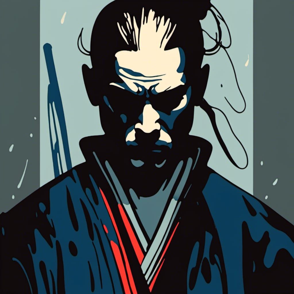 <lora:Crossing The Line:1.0> A continuous single line drawing of a samurai in the rain with a steel blue swatch of paint in the background