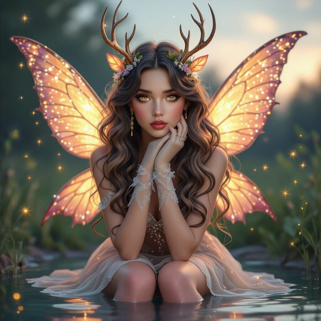 A Hyperrealistic, hyper detailed 8K extremely high quality image of A shy Crystal fairy princess with long flowing super curly dark ash blon...