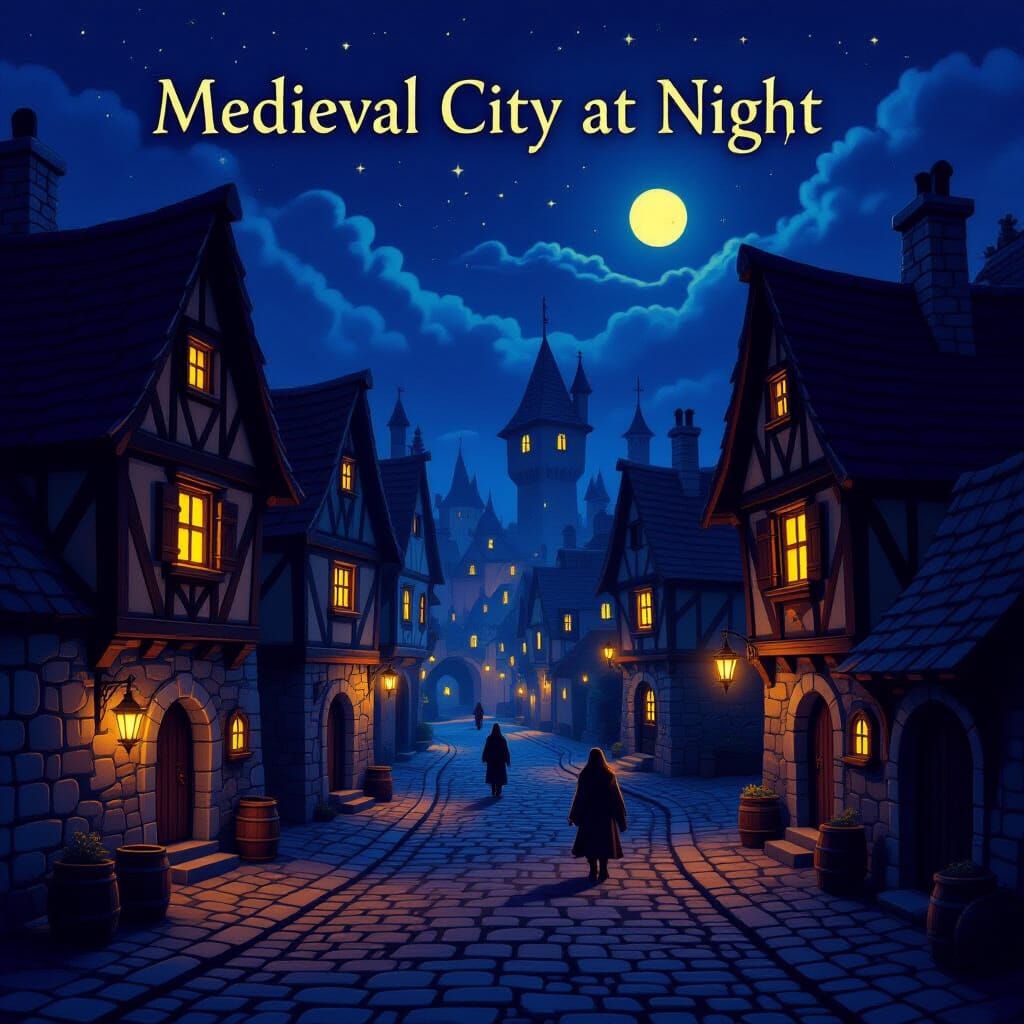 Medieval City Street at Night with Glowing Windows