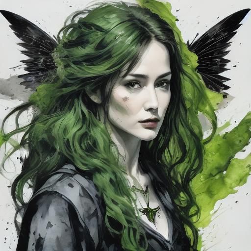 1girl, solo, long_hair,looking_at_viewer, jewelry, green_eyes, green_hair, wings, necklace, feathered_wings, black_wings,
<lora:angelorfairy...