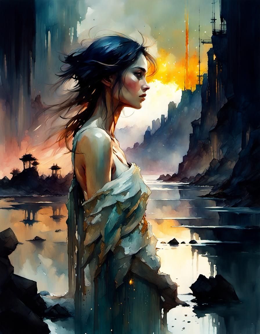 Digital watercolor Illustration of a summerscape sunset, by ...