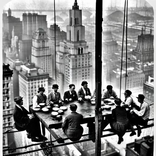 1932 photo "Lunch atop a Skyscraper" by Charles C. Ebbetts; eleven poor men, workers sitting on