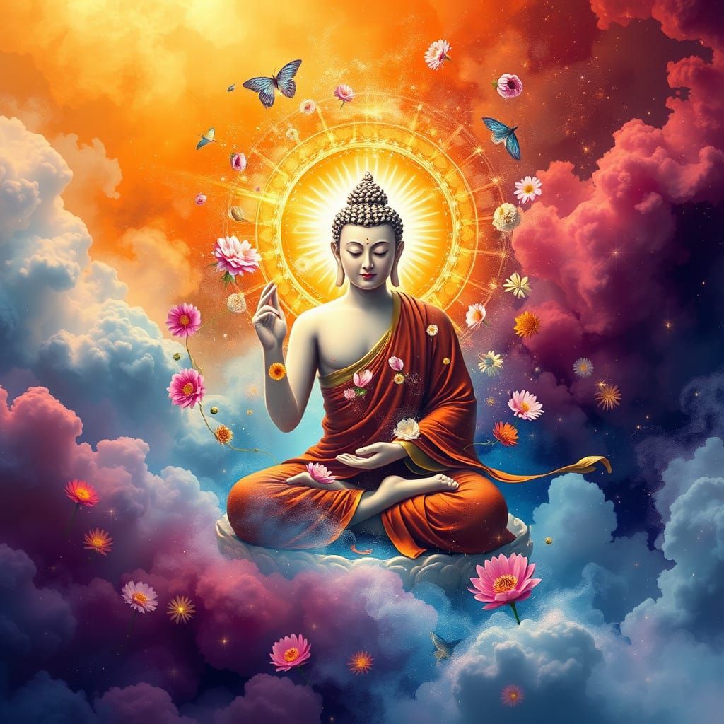 Buddha's Radiant Aura in Vibrant Floral Splendor