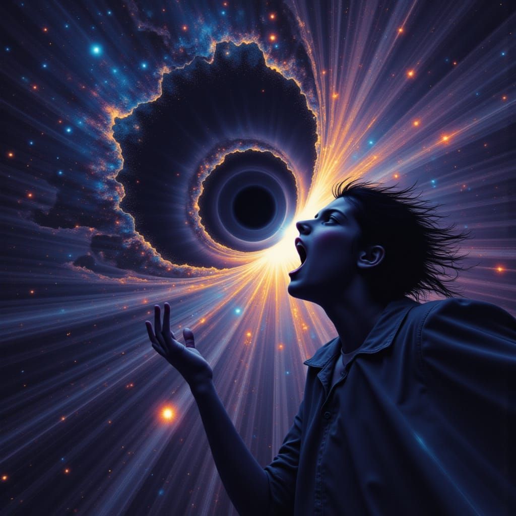 <lora:Everybody Scream:1.0>  A person yelling into the black hole