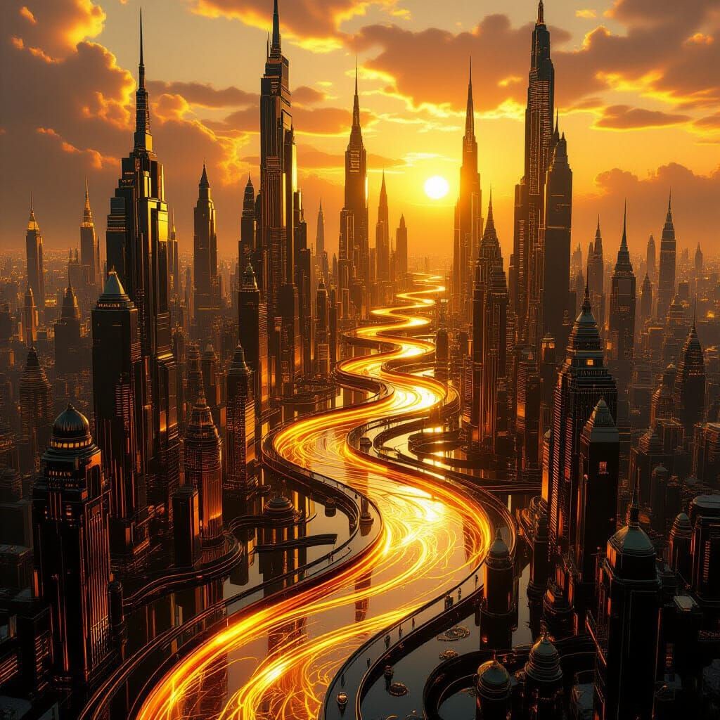 A city built from glowing liquid gold, with flowing streets and buildings that shift and ripple like molten metal.