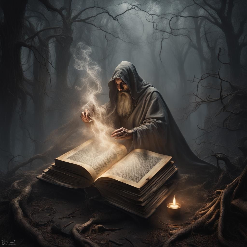 Mysterious Figure casting a spell in an ancient book.   by @Barton