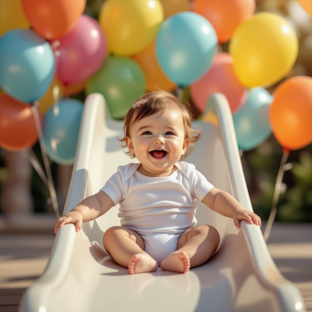 Joyful Baby Laughing with Colorful Balloons
