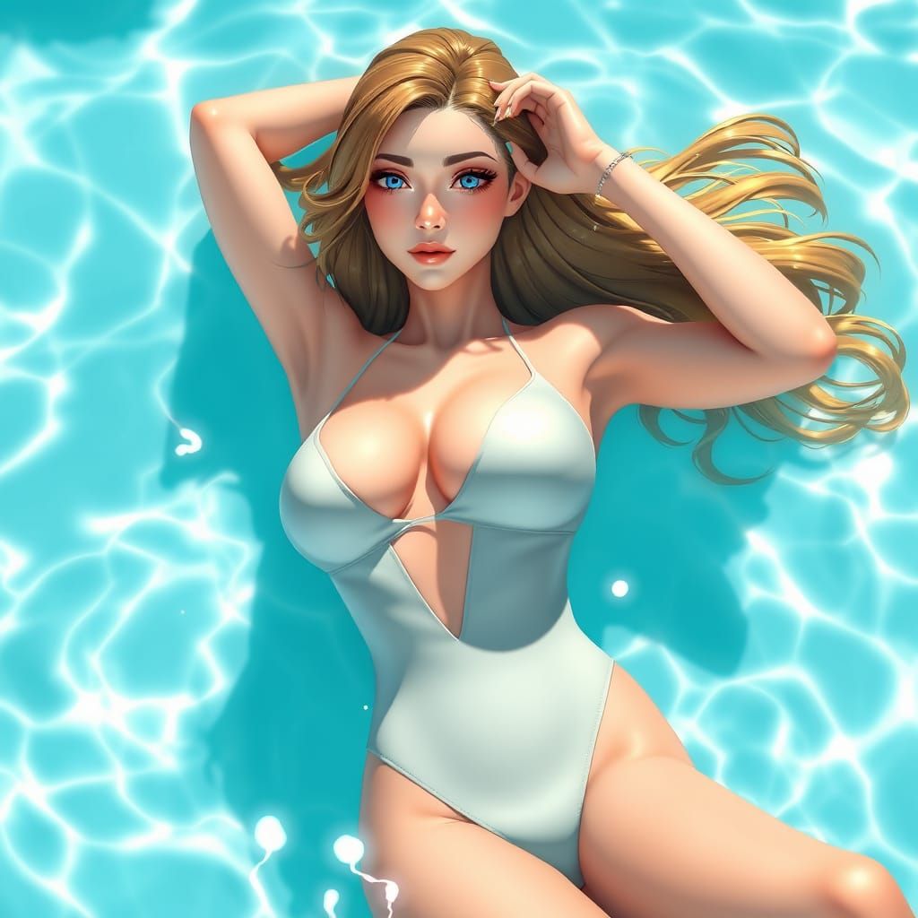 Sensual Anime-Inspired Goddess in Turquoise Pool