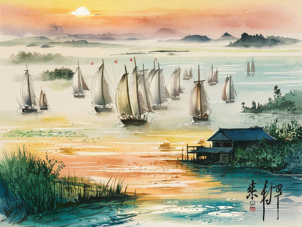 Watercolor painting of sailing boats