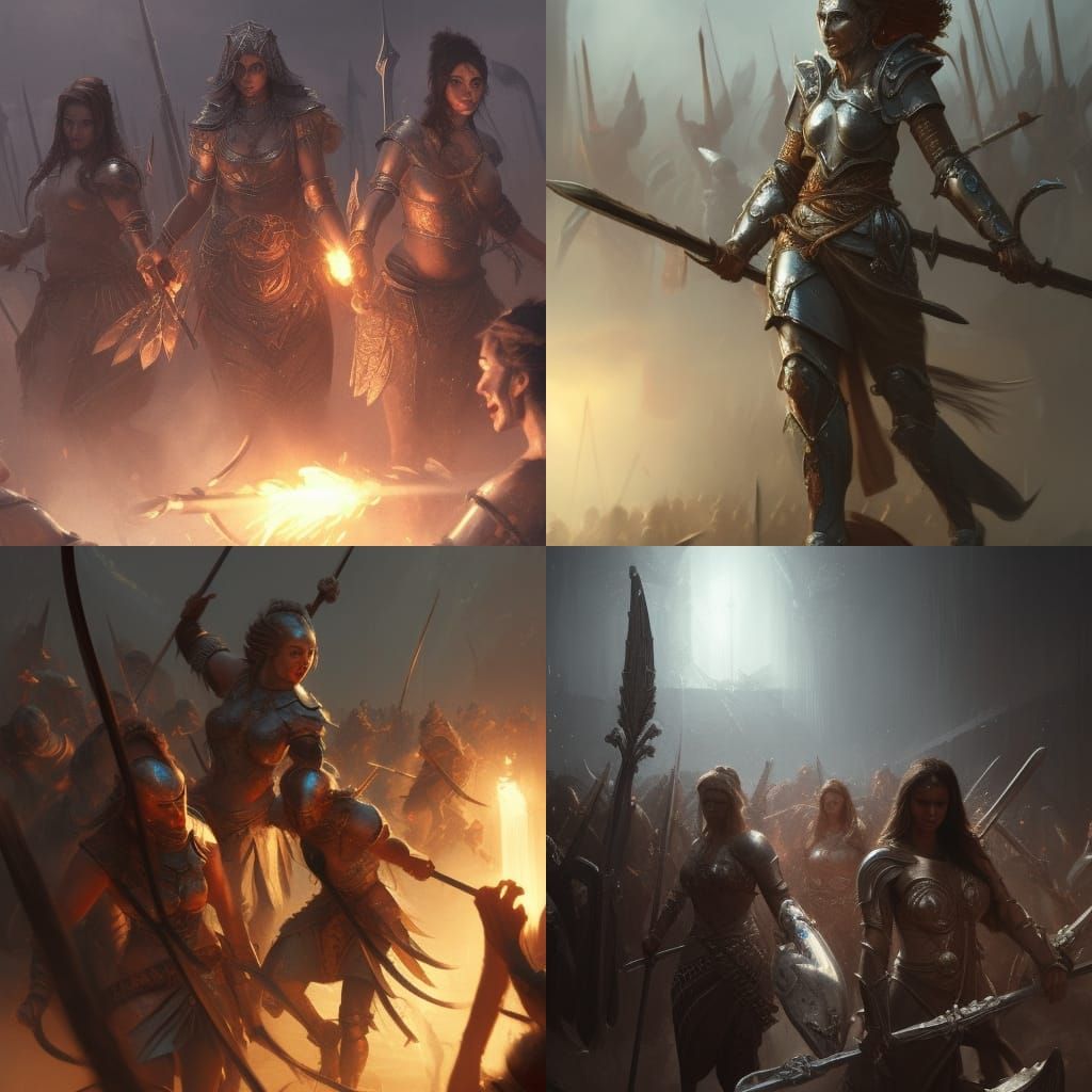 Women steel armor, holding spears, multiple people, bright light, clear faces