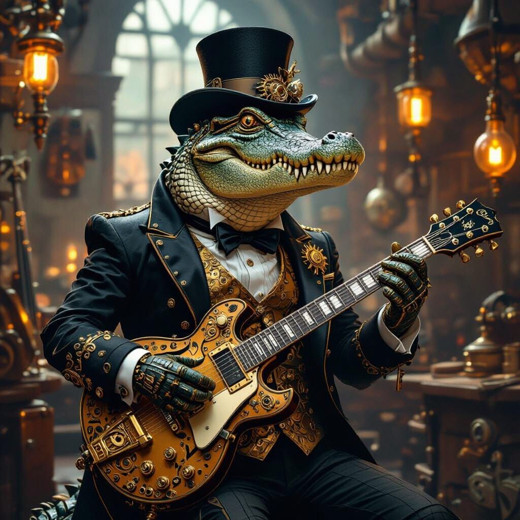 Steampunk croc plays bass